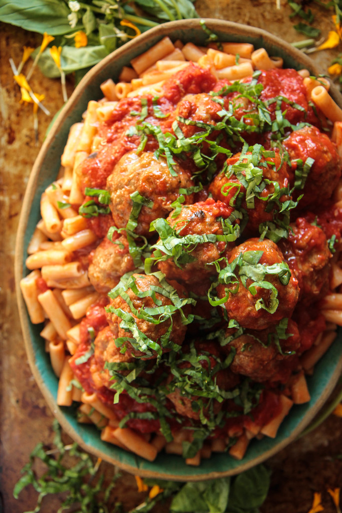 Spicy Rigatoni with Eggplant and Meatballs (gluten and dairy-free) from HeatherChristo.com