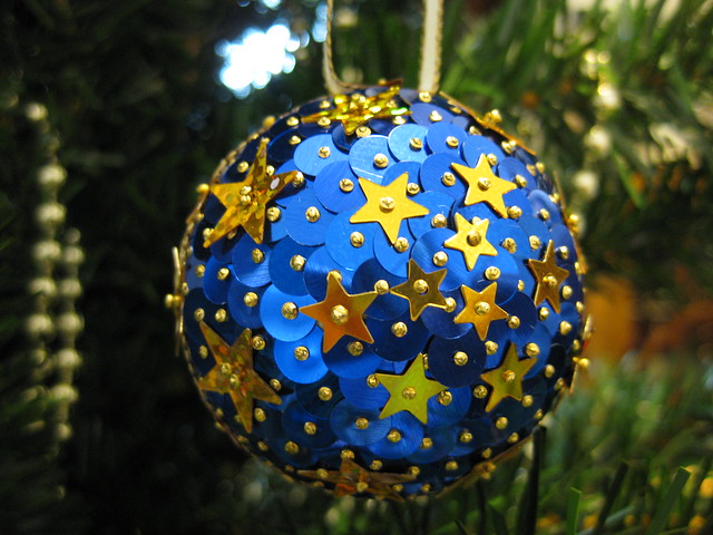 Hand Beaded Royal Blue and Gold Star Christmas Bauble