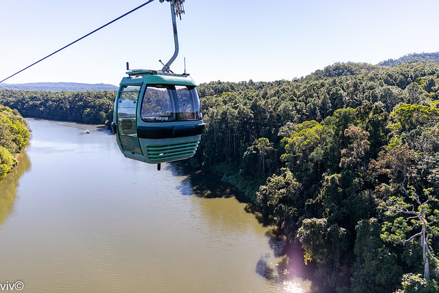 Scenic cable car views of the Barron river as it snakes through the Daintree rainforest, Kuranda, Queensland, Australia