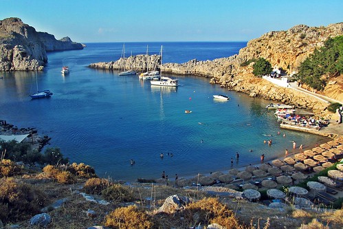 bay sea lindos rhodes greece beach water rocks landscape travels boats