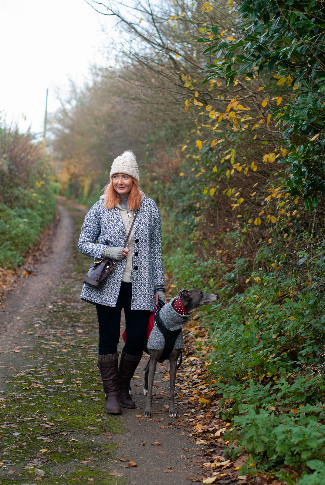 A Warm, Stylish, Walking the Dog Outfit (Jacquard Coat, Knitted Hoodie, Velvet Jeans & Knee High Boots | Not Dressed As Lamb, Over 40 Style