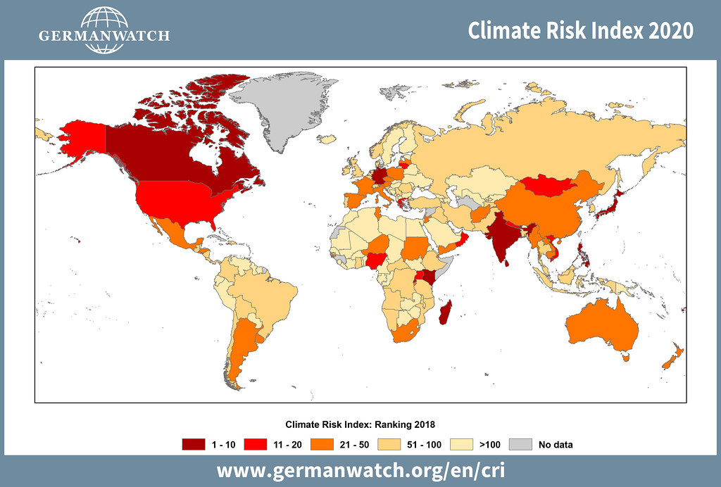 2018年全球氣候風險指數排名（深紅色為最嚴重地區1-10名）。圖表來源：看守德國