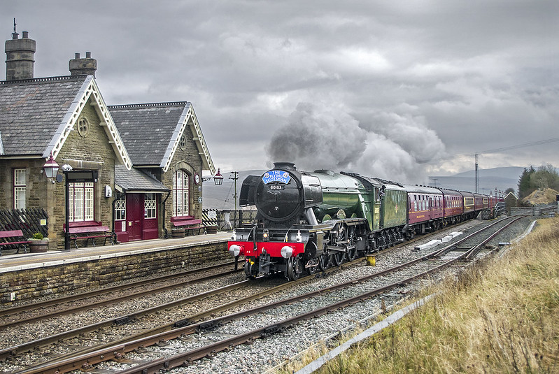 In typical S&C gloom Flying Scotsman heading the Manchester - Carlisle 'Christmas Dalesman'. 4 December 2019.