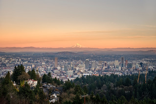 The City Of Portland At Sunset With Mt.Hood In The Background