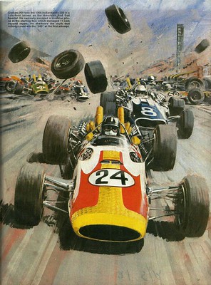 CAR R LOLA-FORD - GRAHAM HILL AT THE INDY 500 1966 - ART BY GRAHAM COTON - Look and Learn 1979-01-27