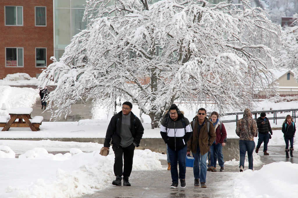 Students walking to class in snow