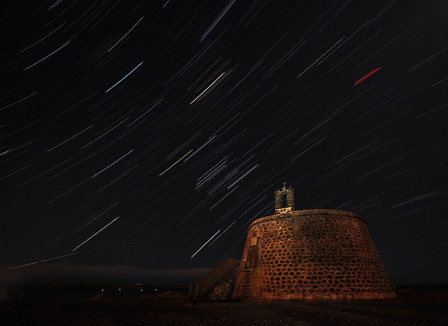 Star-trails over Castillo de las Coloradas, Playa Blanca, Lanzarote