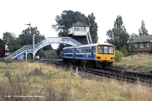 britishrail class143 pacer dmu diesel passenger footbridge signalbox billingham countydurham train railway locomotive railroad