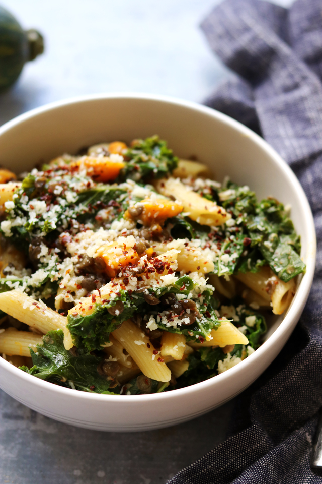 One-Pan Pasta with Squash, Kale, and Capers