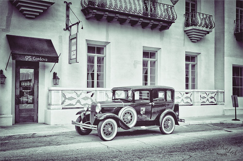 Image of an old 1929 Ford Model A car in front of the Cordova (Casa Monica) Hotel in St. Augustine, Florida