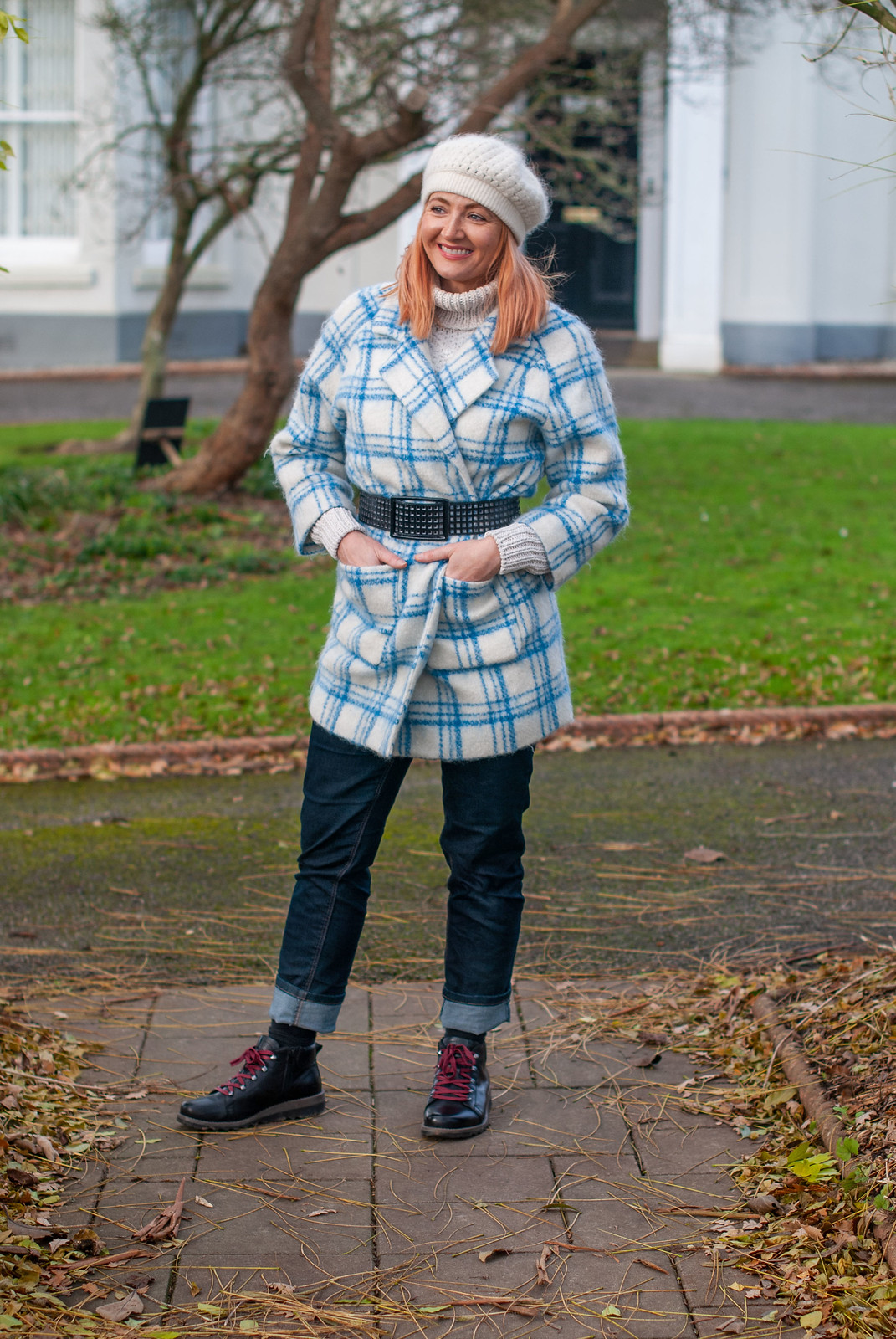 An Everyday Outfit: Winter Coat Worn 80s Style (blue check coat, belted) | Not Dressed As Lamb, Over 40 Fashion and Style