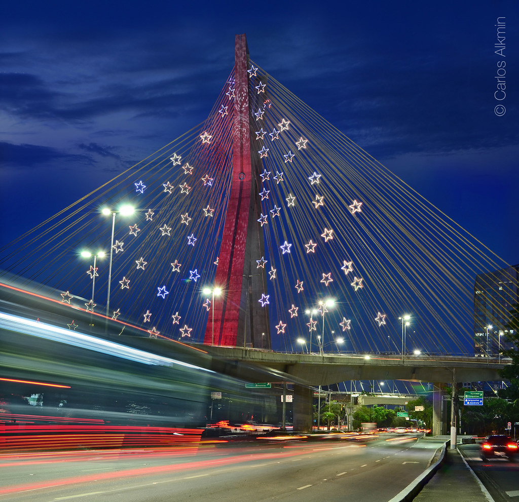Sao Paulo, Brazil - Christmas lights decor on iconic Octavio Frias de Oliveira Cable-Stayed Bridge