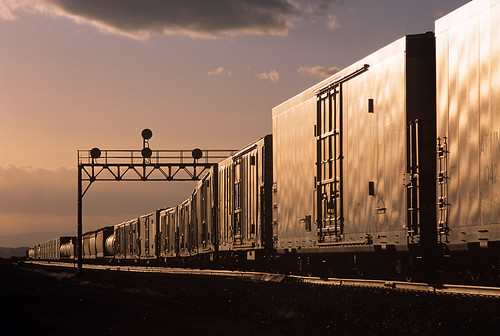 unionpacific up freighttrain hermosa wyoming train railroad shermanhill uplaramiesub wy glint freightcars boxcar signalbridge sunset signals