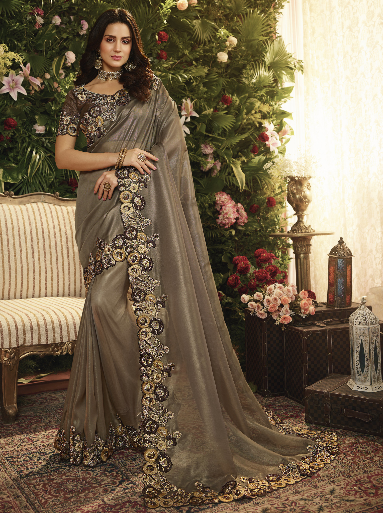 Belt Saree Soft Silk Brown Lace border saree With Blouse