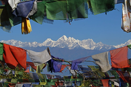 view mountain range himalayan himalaya himalayas through some buddhist prayer flag nagarkot nepal