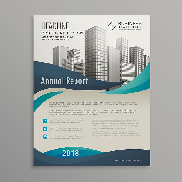 brochure design template with blue wavy shapes in modern style