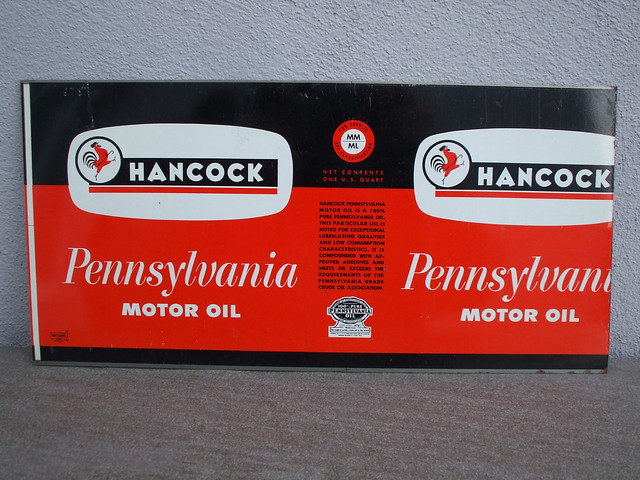 Hancock Pennsylvania Motor Oil Yellow Red & Black Flat Unrolled Steel 1 Quart Oil Can