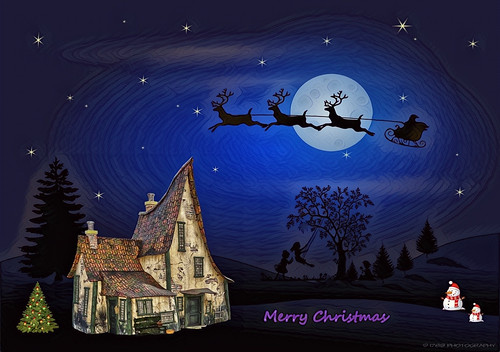 tree snowman silhouette house art artwork merrychristmas xmas christmastree santa reindeer sleigh stars swing sky vivid colour outdoor landscape moon