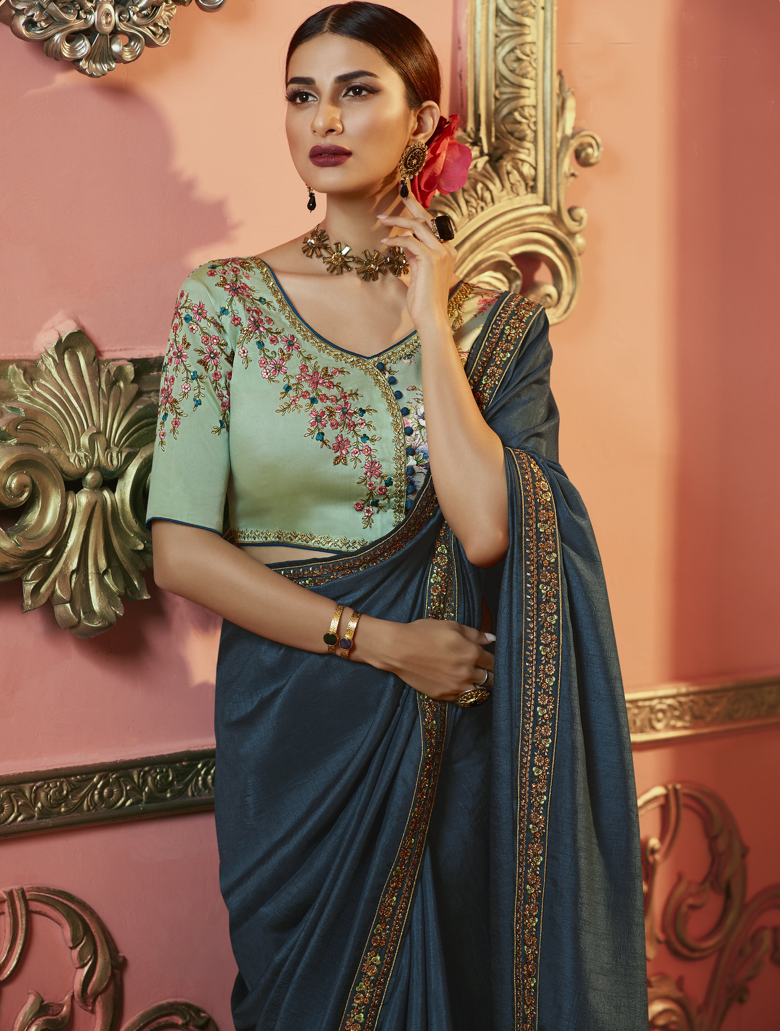 Dola Silk Saree Plain and Emboirdered Lace Border with Embroidered ...