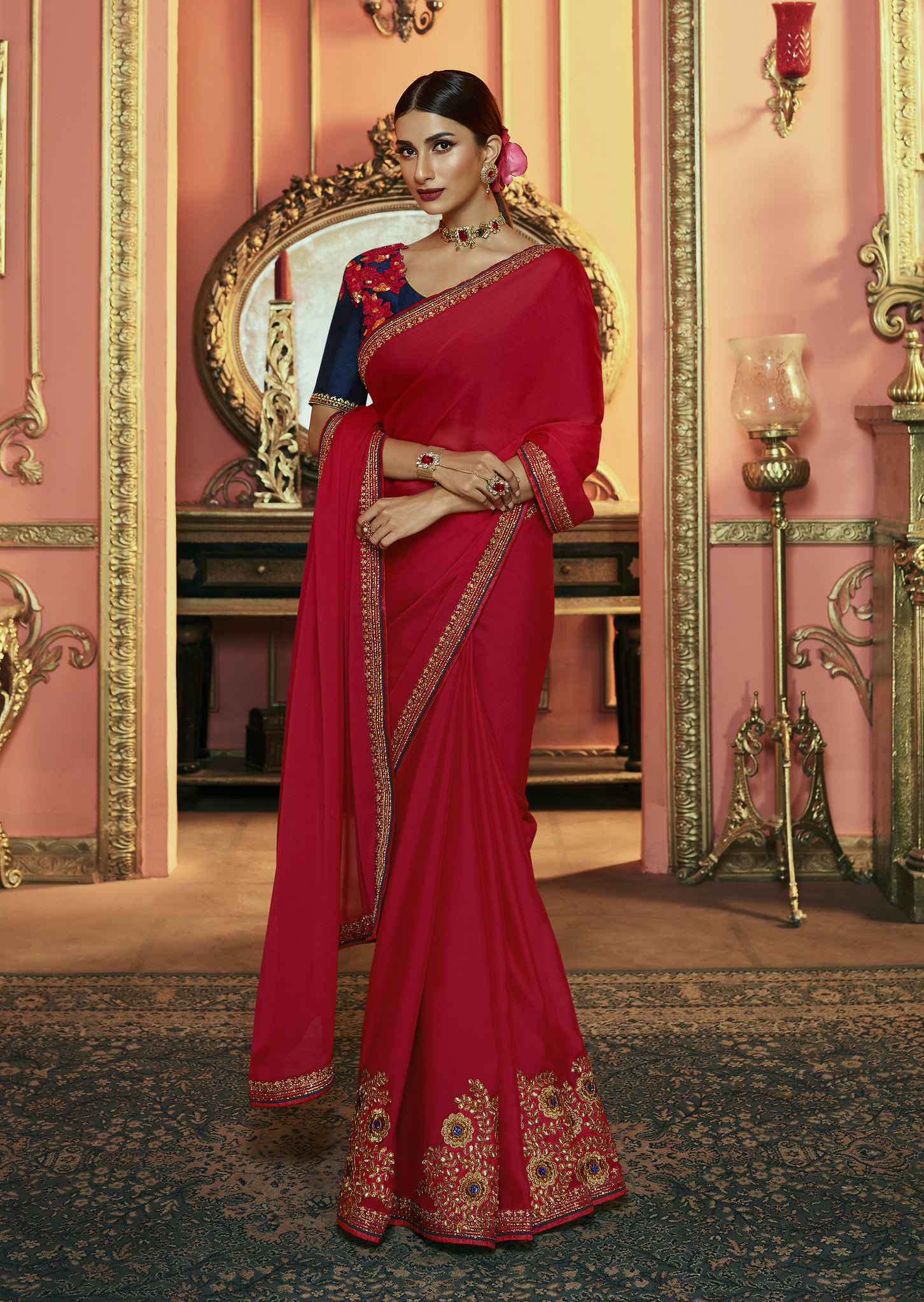 New designer dark red chiffon georgette saree with a price.