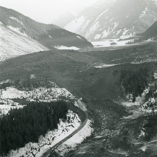 Aerial shot of the slide and debris field, looking east towards Princeton | by TranBC