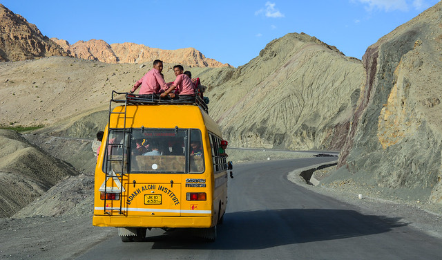 School bus on a rural road in Ladakh, India