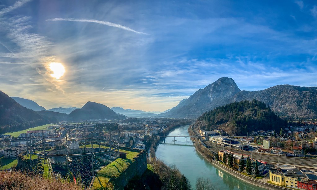 View of river Inn valley and Pendling mountain from Kufstein Fortress, Tyrol, Austria