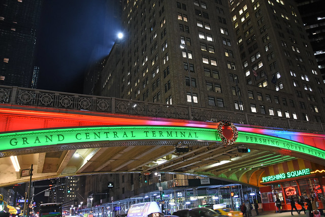 Picture Of Pershing Square Plaza Near Grand Central Terminal In New York City Lit Up In Holiday Colors. Photo Taken Friday December 20, 2019