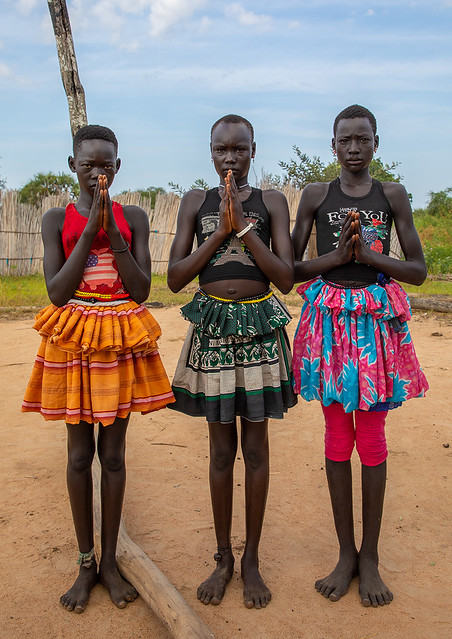 Mundari tribe girls praying, Central Equatoria, Terekeka, South Sudan