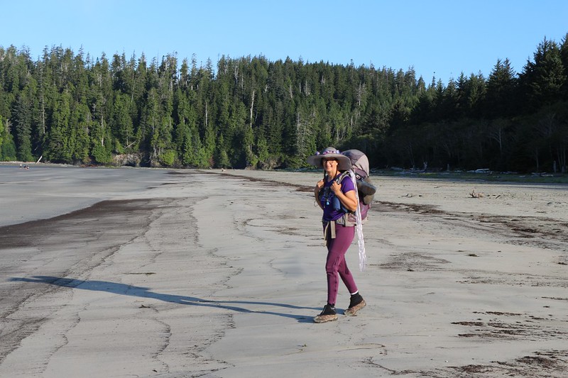 We began our West Coast Trail hike on the beach at Pachena Bay, at 7am, with low tide and sunny skies
