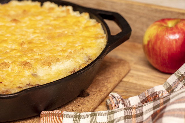 Shepherds Pie made in a cast iron skillet