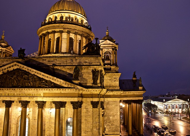 the imposing St. Isaac's Cathedral at night