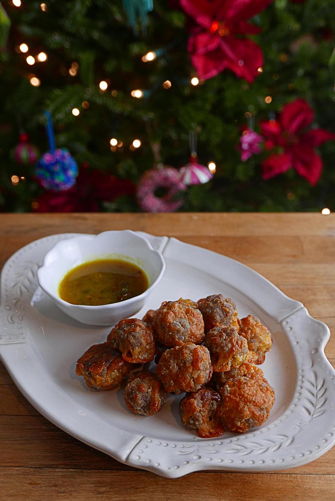 sausage balls in front of the Christmas tree
