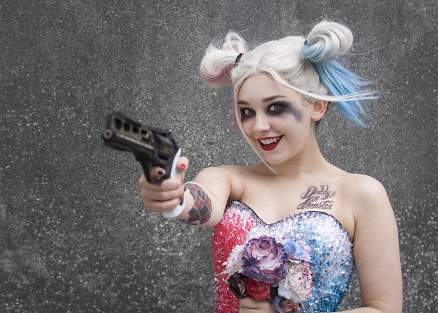 Wedding Harley Quinn cosplayer at MCM Comic Con London, October 2019