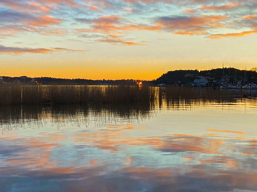 østfold norway fredrikstad gressvik ålestrranda ålekilene krossnes water river reeds reed calm tranquil reflections sky clouds sunset dusk evening