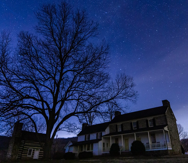 A dark blue sky filled with stars in the background, in the foreground there's a historic home and cabin, and a large tree