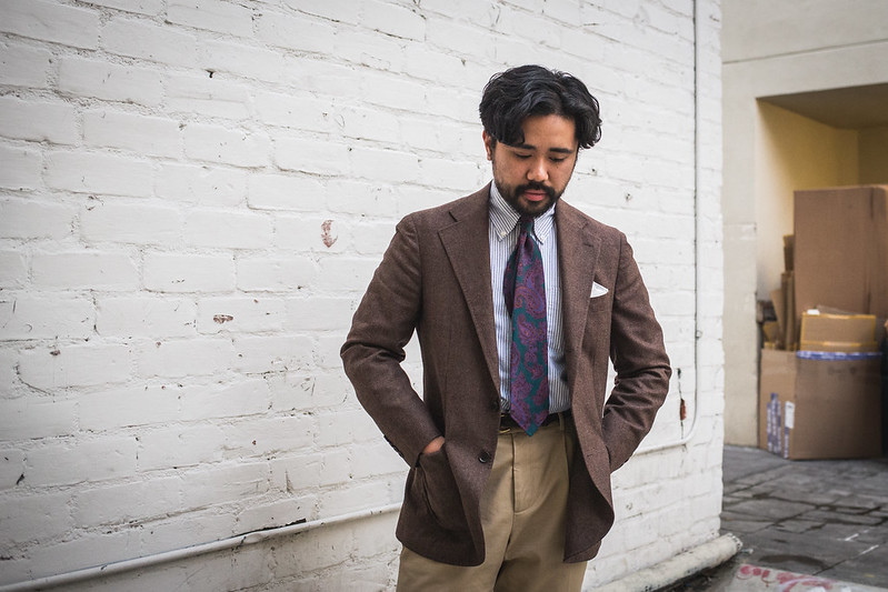 Brown Tweed Sport Coat Outfit Idea With Navy Pants & OCBD