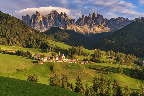 dolomites hdr dri sunset hills church clouds trees cows medow green grass italy hill rock alps mountain range peak