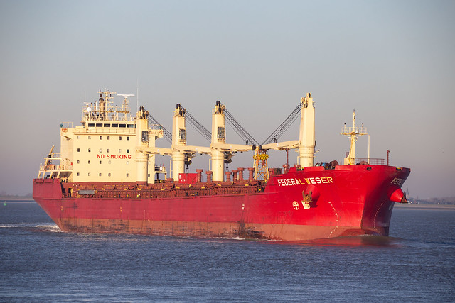 Federal Weser fuhr am 30.12.2019 an Walsoorden vorbei mit Ziel Antwerpen. Das Schiff kam zuvor aus Montreal.
