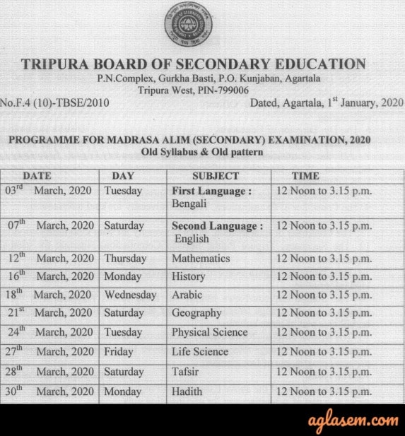 Tripura Madrasa Routine 2020