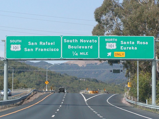 State Highway Junction Route CA-37 Westbound Sears Point Highway ENDS here and approaches at Exit 1C - U.S. Highway Route 101 Redwood Highway and Freeway - Sonoma County Freeway NORTH Santa Rosa, Eureka on an auxiliary right lane followed by