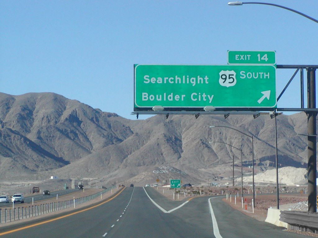 Interstate 11 and U.S. Highway Route 93 Northbound Boulder City Bypass Freeway and Expressway approaches at Exit 14 - U.S. Highway Route 95 Veterans Memorial Highway NORTH to U.S. Highway Route 93 Business Loop Corridor Spur Route EAST