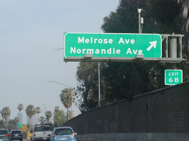 U.S. Highway Route 101 Southbound Hollywood Freeway approaches at Exit 6B - Ardmore Avenue to Melrose Avenue and Normandie Avenue (Exit Ramp 20 MPH) followed by Exit 6A - Vermont Avenue Next Second Exit 3/4 = 0.75 Mile with this overhead signs located at