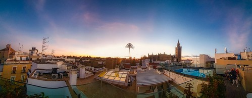 panorama panoramic cityscape skyscape landscape buildings architecture history culture nature tree palm tower belfry cathedral oldcity oldtown bluehour goldenhour sunset blue gold rooftop pool terrace relax view vista sight warm sunlight sunny andalusia andalucia andaluzia seville sevilla spain espana phone mobile android samsung galaxy s10 edit process postprocess photoshop topaz restyle sharpe ai gigapixel nik colorfx skylup luminar flex