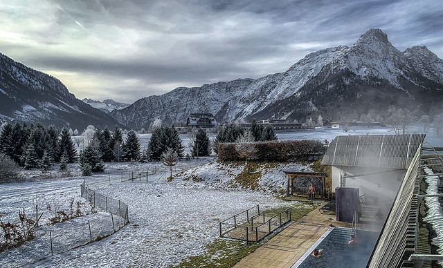Winter in Austria in a mountain resort.