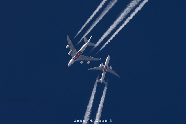 Two Emirates crossing over BCN