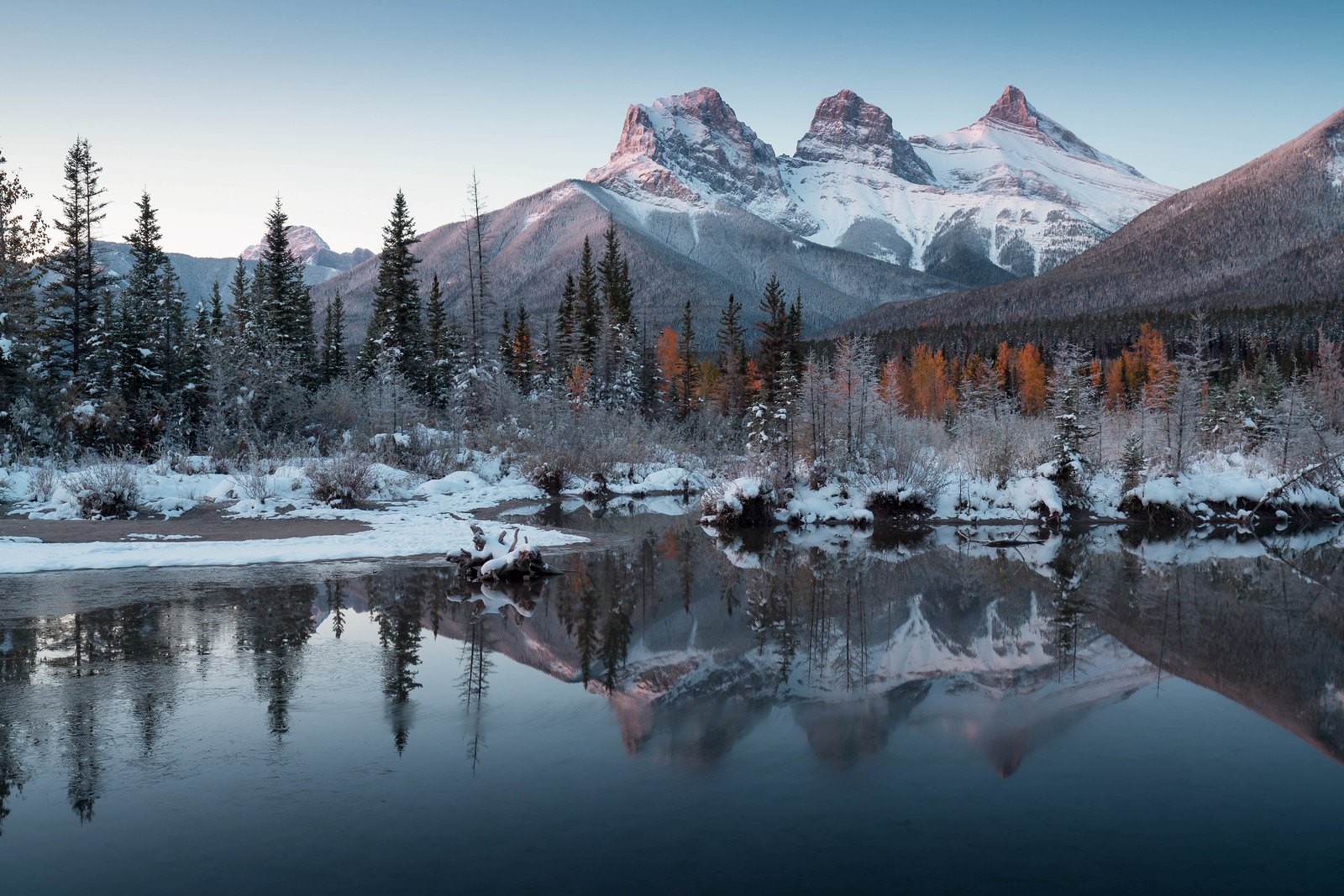 View of the Three Sisters Mountains from Canmore, Alberta, Canada