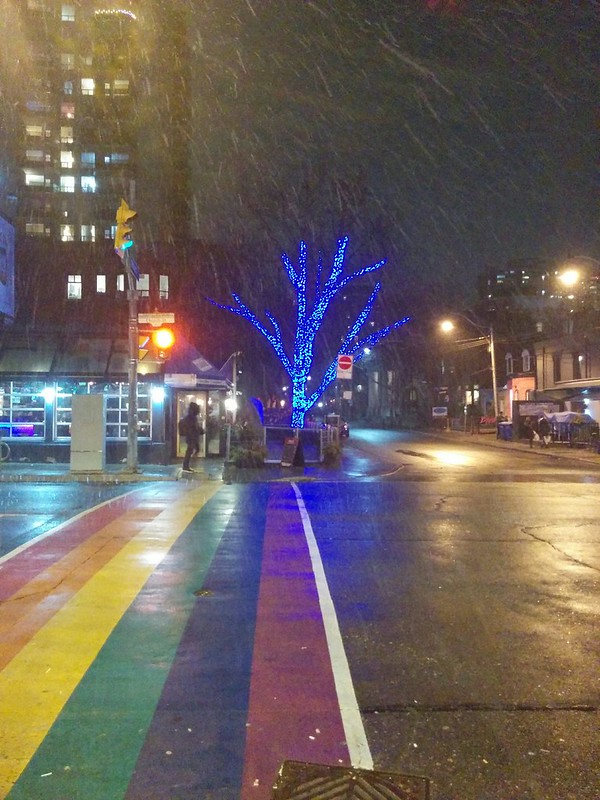 Blue tree, rainbow crosswalk, Church and Maitland #toronto #churchstreet #churchandwellesley #maitlandstreet #intersection #rainbow #crosswalk #blue #lights #tree #night