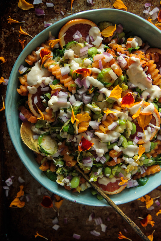 Warm Brussels and Butternut Squash Salad with Orange Tahini Dressing from HeatherChristo.com