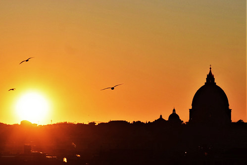 il sole scivola via, lasciandoti l'ultima carezza per farti arrossire... ma tu impigli un raggio per illuminare la tua bellezza (Patrizia Riem) by Maurizio Belisario, roma rome italia italy sanpietro sanpeter tramonto sunset cupola pincio rosso red uccelli seagull so
